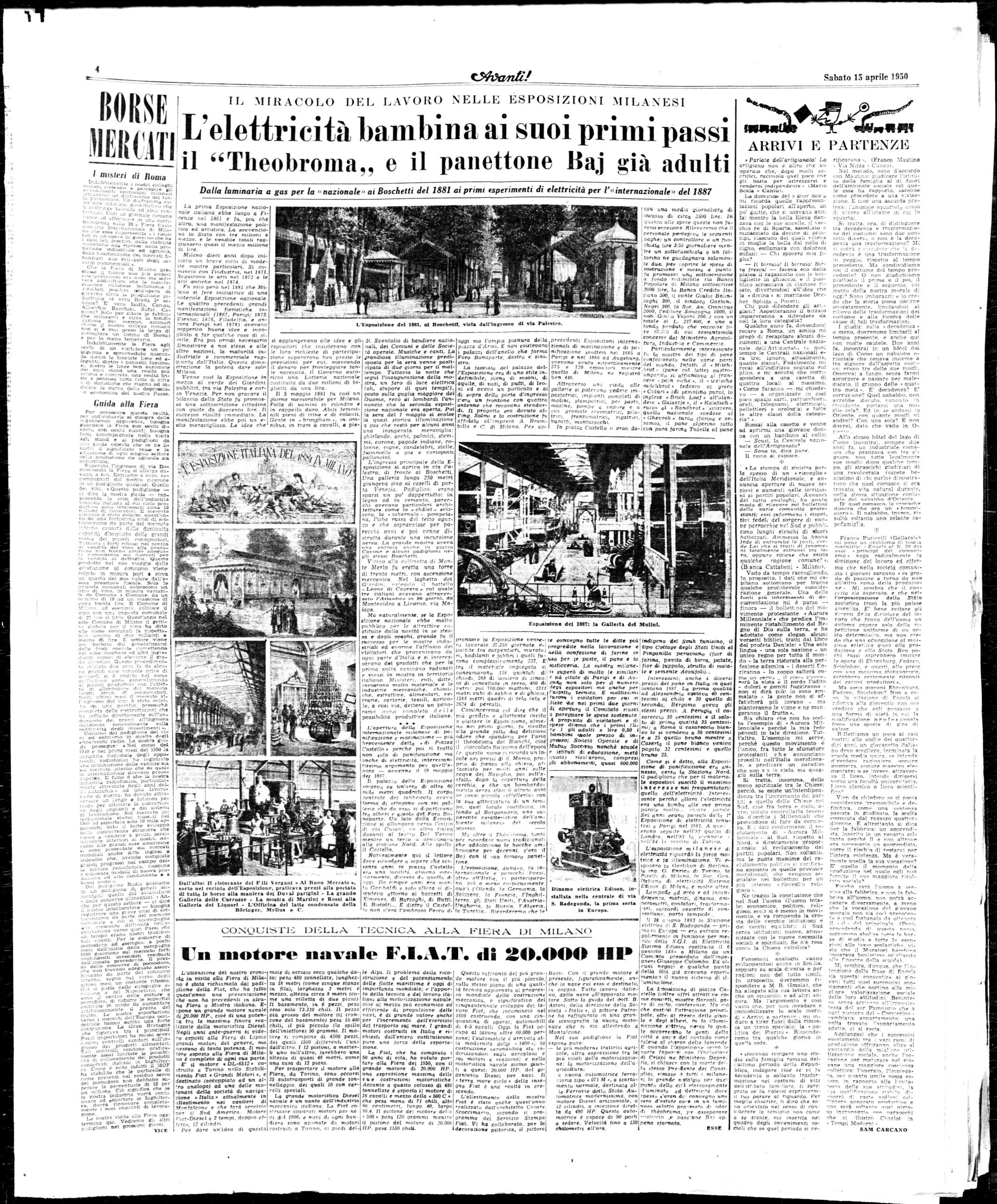 Avanti! - Articolo sull'Esposizione Universale del 1887 e il Panettone Baj pubblicato nel aprile 1950