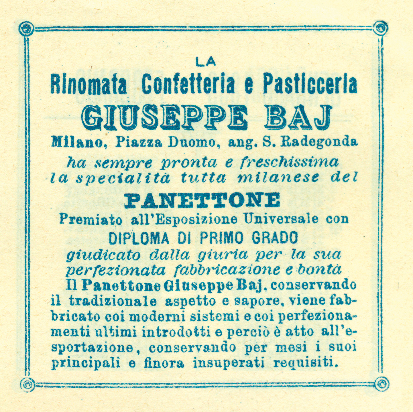 Cartellino sulla qualità della Rinomata Confetteria e Pasticceria Giuseppe Baj