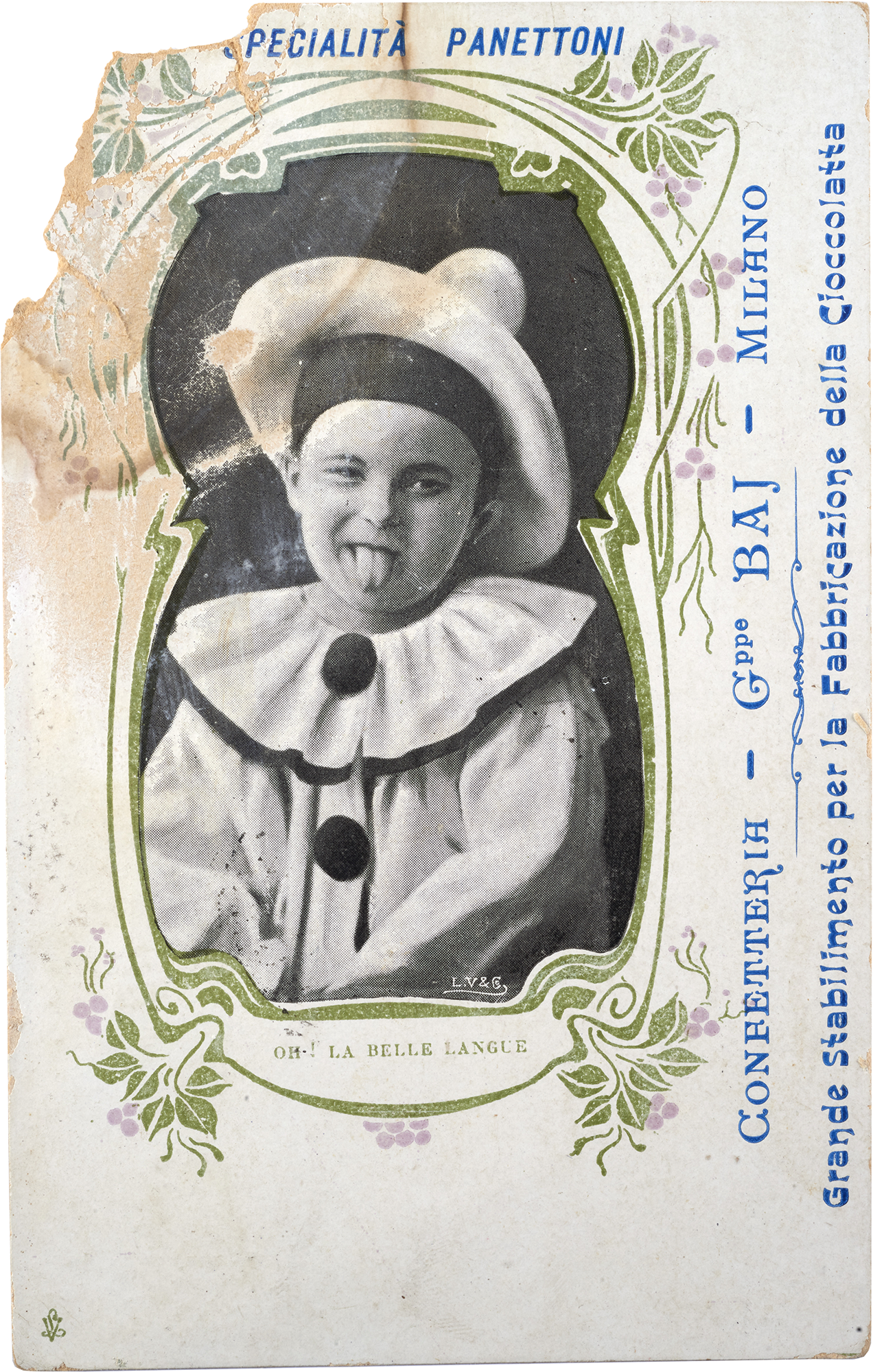 Cartolina della Confetteria Baj raffigurante un bambino - Specialità panettoni e cioccolata