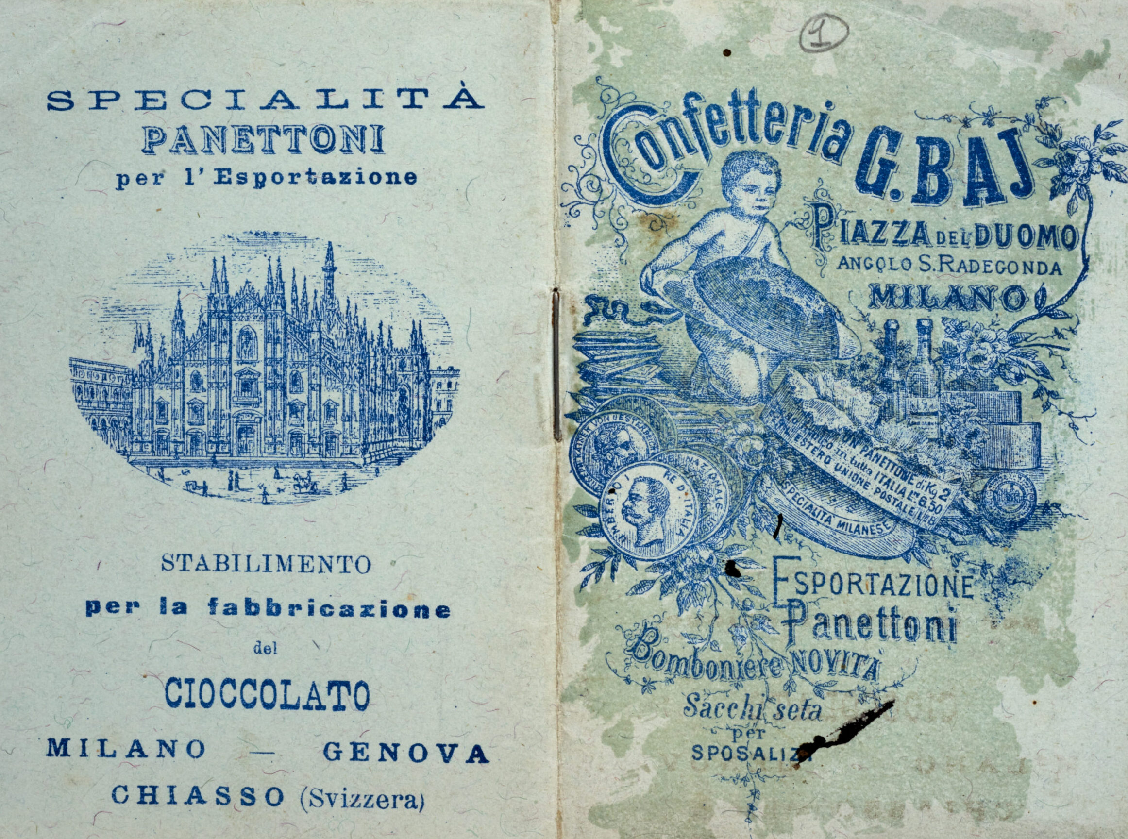 Copertina libretto Confetteria Giuseppe Baj - Piazza del Duomo - Specialità Panettoni per l'esportazione - Milano Genova Chiasso