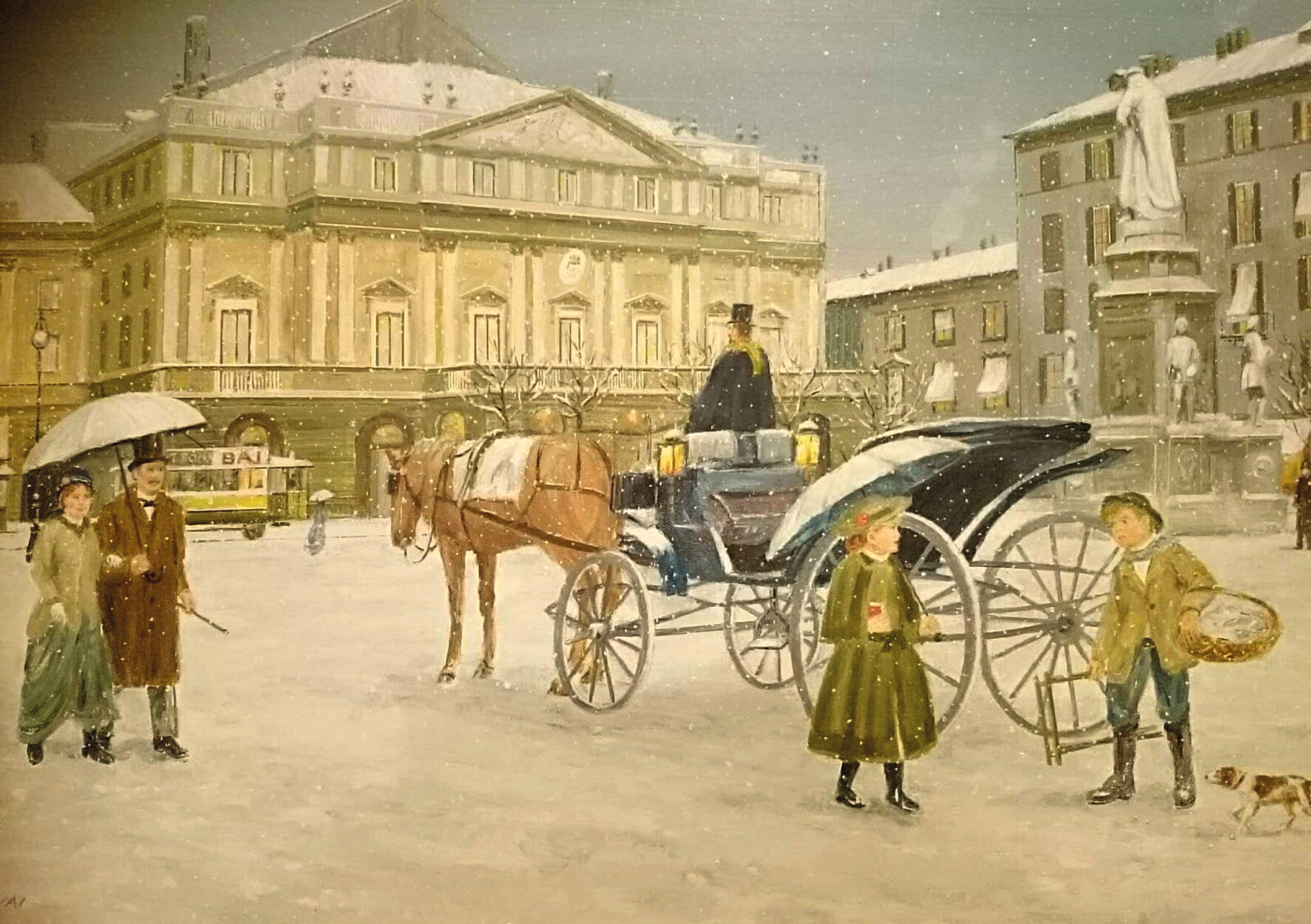 Dipinto di autore sconosciuto raffigurante un Tram con una pubblicità del Panettone Baj di fronte al Teatro della Scala di Milano