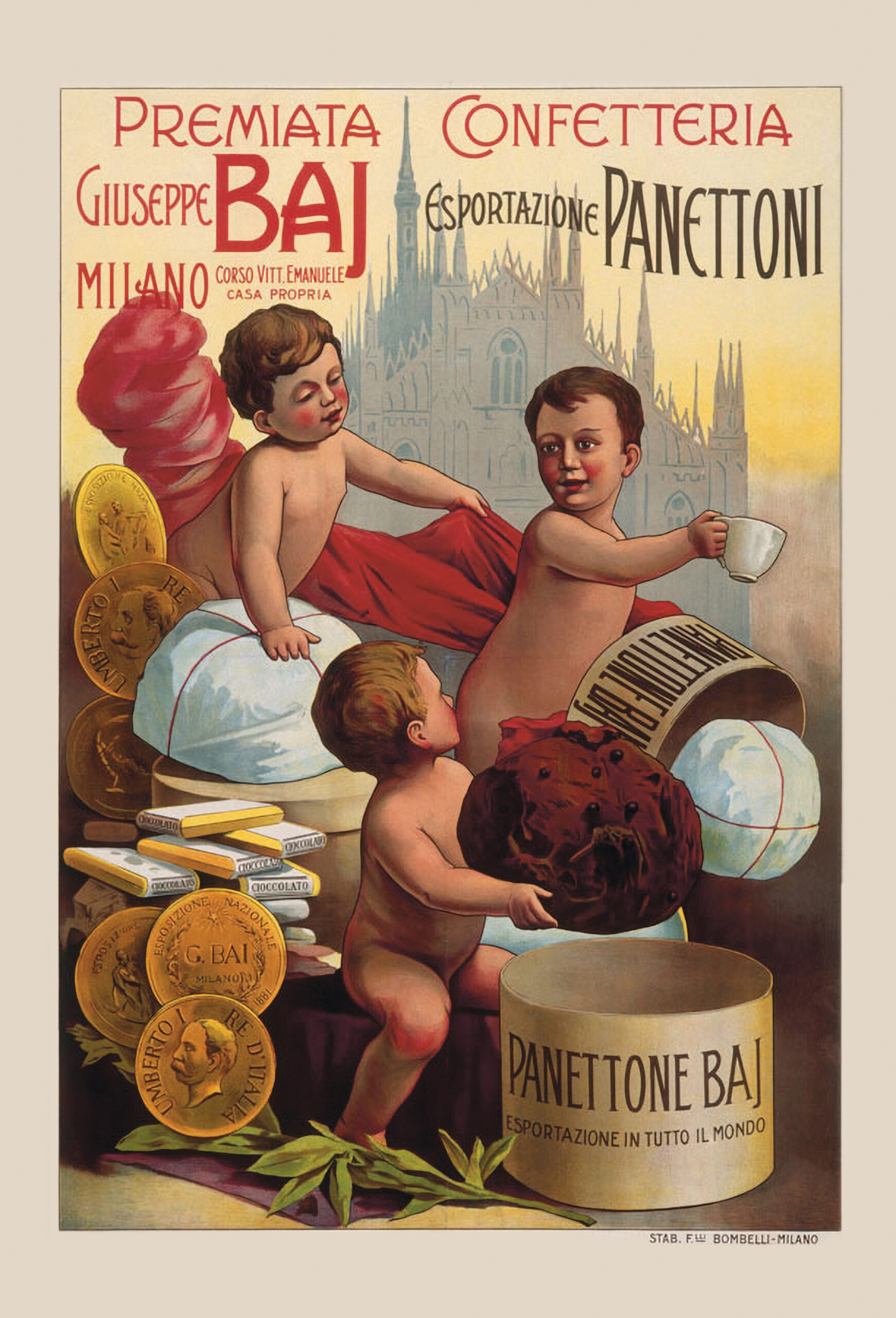 Poster Premiata Confetteria Giuseppe Baj - Milano Corso Vittorio Emanuele - Casa propria - Esportazione di Panettoni
