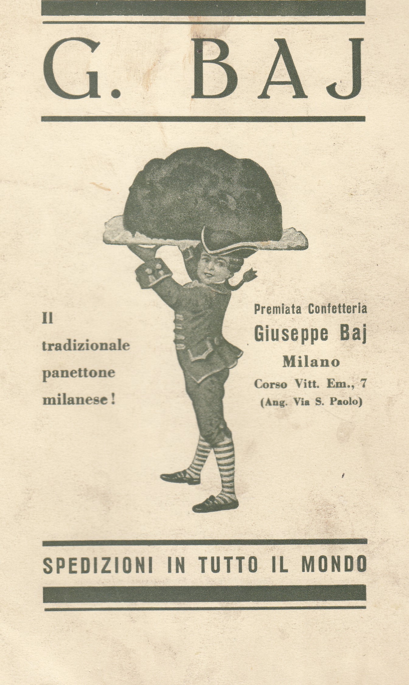 Pubblicità di Giuseppe Baj pubblicata sull'Almanacco della Famiglia Meneghina