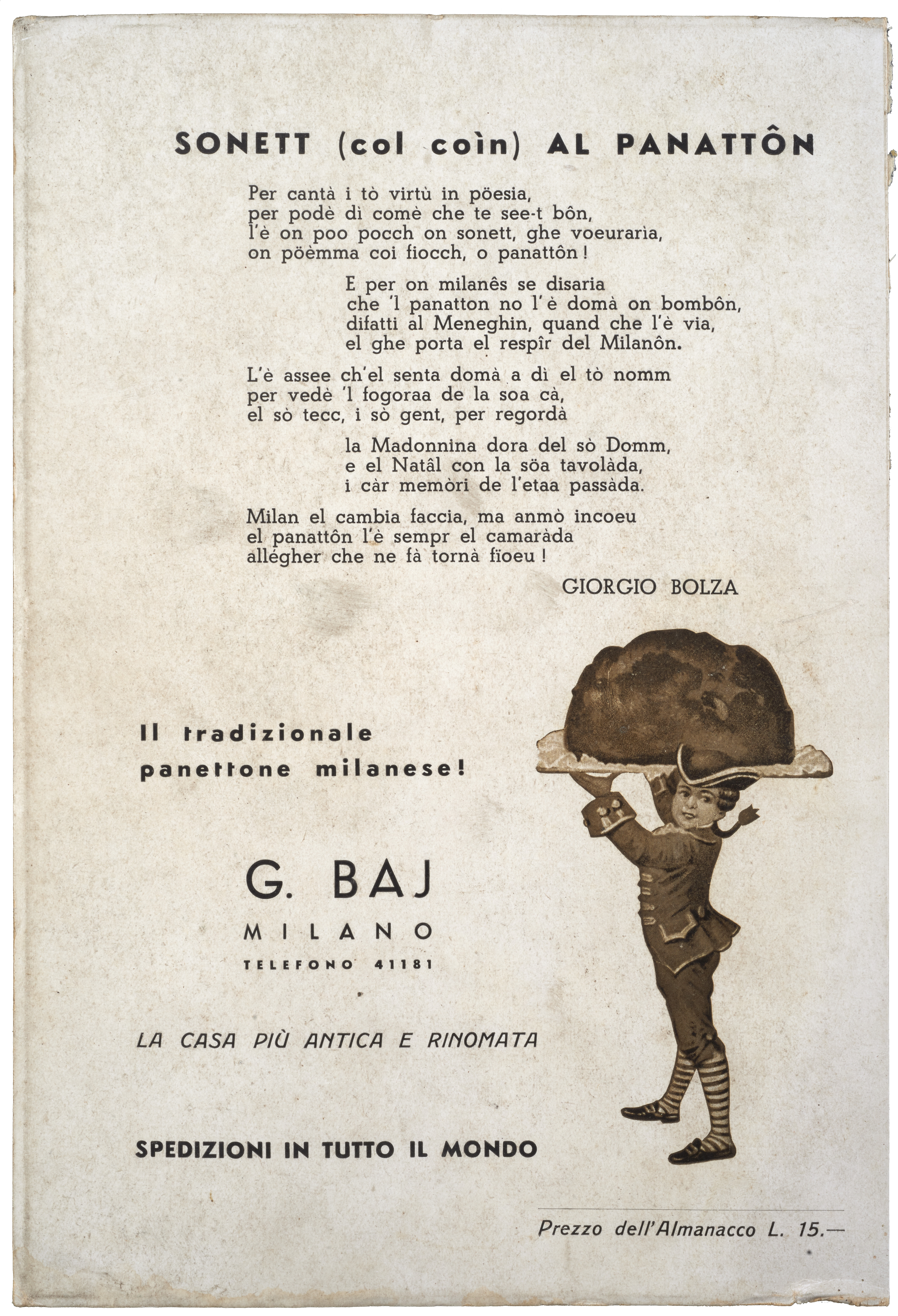 Pubblicità Giuseppe Baj con sonetto di Giorgio Bolza dedicato al panettone - Annuario della Famiglia Meneghina